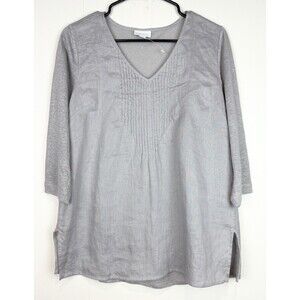 J Jill Love Linen Grey Blouse 100% Linen V-Neck Natural, Petite Small NWOT